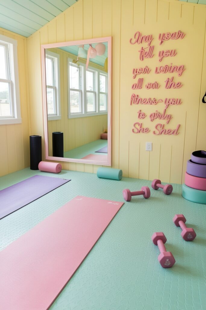 girly fitness studio inside a she shed with soft pastel yoga mats, light mint rubber flooring, a large mirror wall,