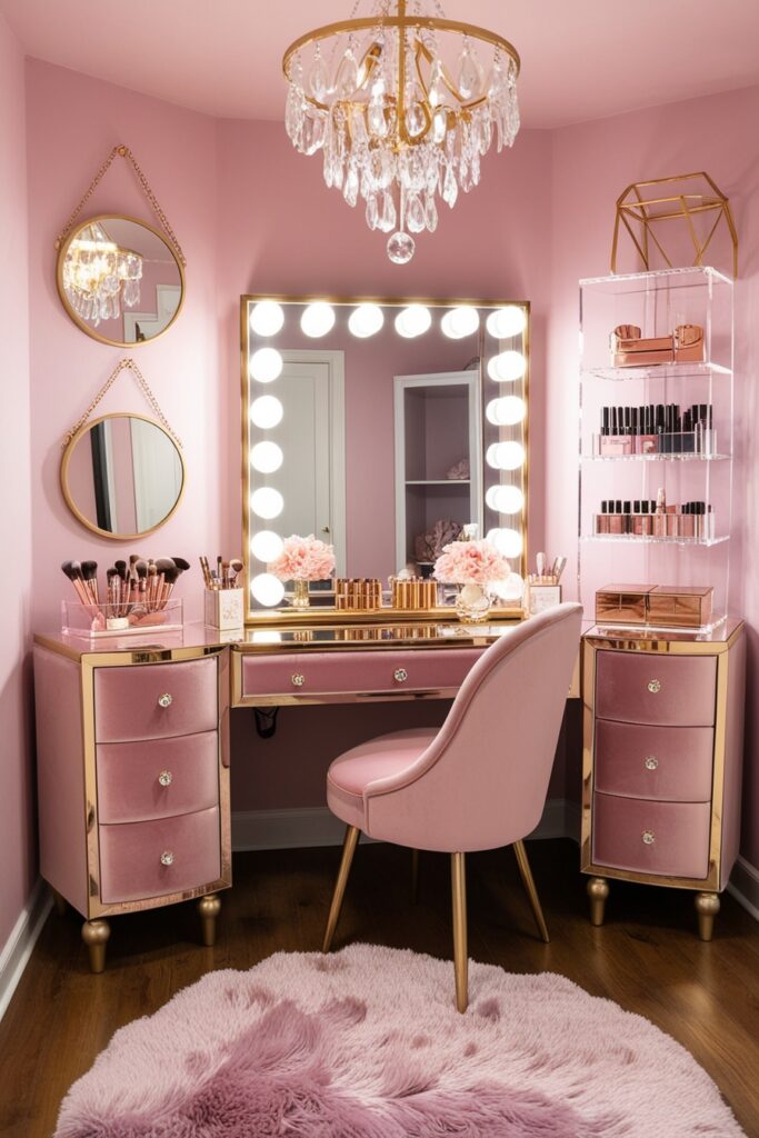 glam-themed she shed with blush pink velvet furniture, gold accents, a mirrored vanity with LED lights