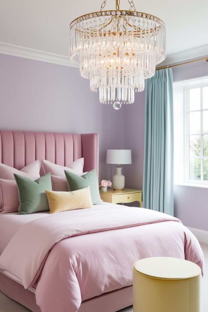 glamorous pastel bedroom with a crystal chandelier hanging over the bed. Lavender walls