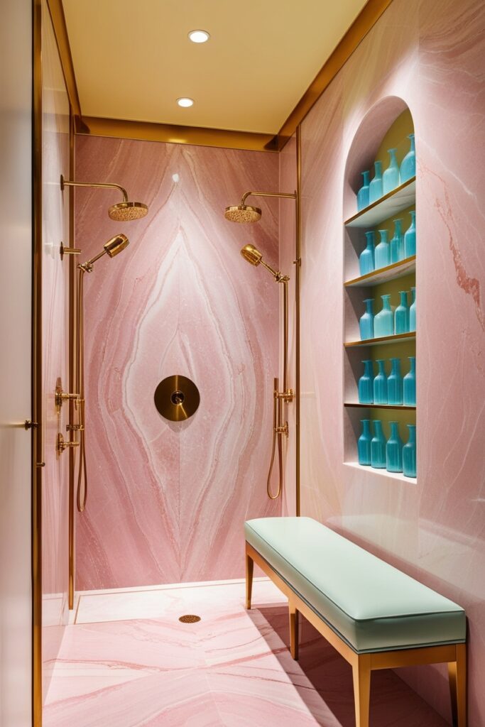 glamorous walk-in shower with oversized pastel pink marble slabs, brushed gold fixtures