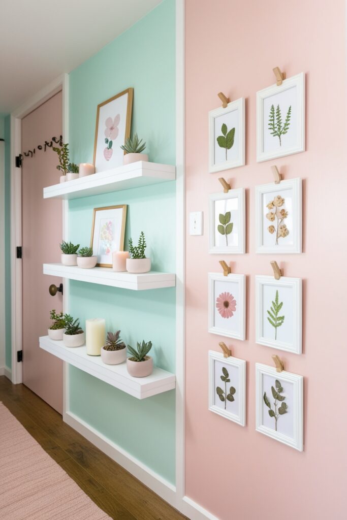 hallway walls with floating white shelves holding tiny succulents, candles, and art prints