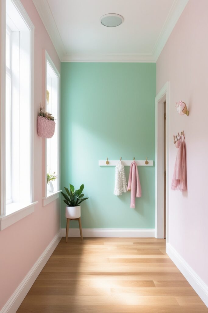 hallway with a bold painted accent wall in mint green, featuring white trim, soft natural light