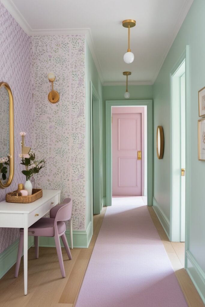 hallway with one wallpapered wall in a floral or geometric