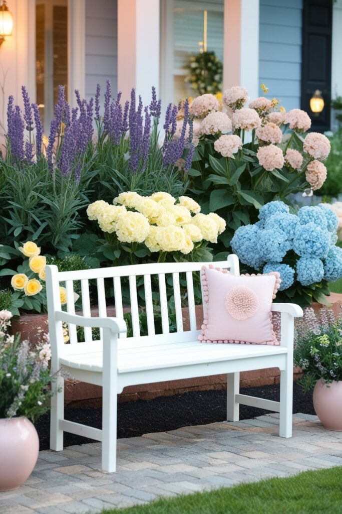 harmonious front yard garden in a pastel color palette