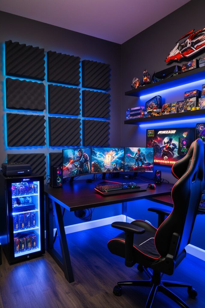 high-end gaming man cave setup with RGB lighting, triple monitor setup on a dark wood desk, black ergonomic gaming chair