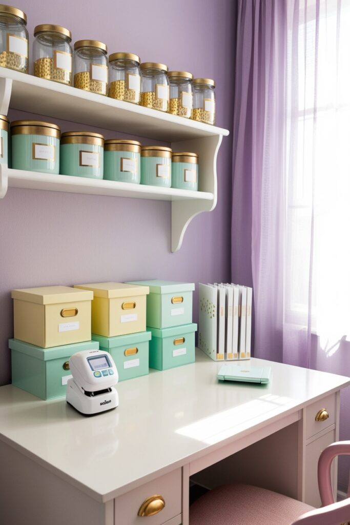 home office desk with a chic white label maker beside neatly labeled storage boxes