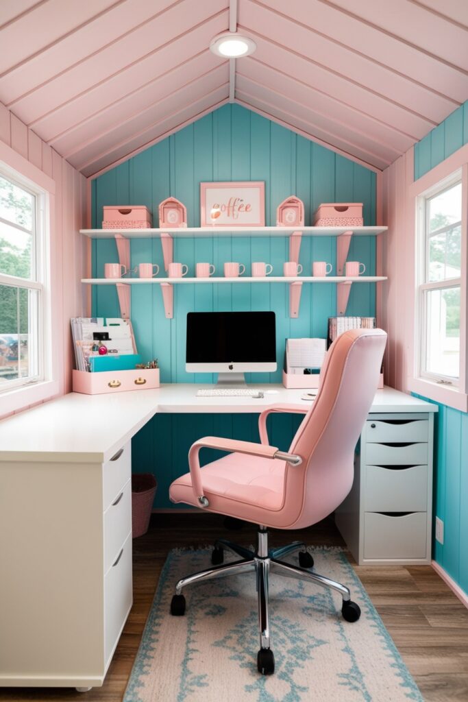 home office inside a she shed, with a sleek white desk, pastel pink office chair, organized shelves