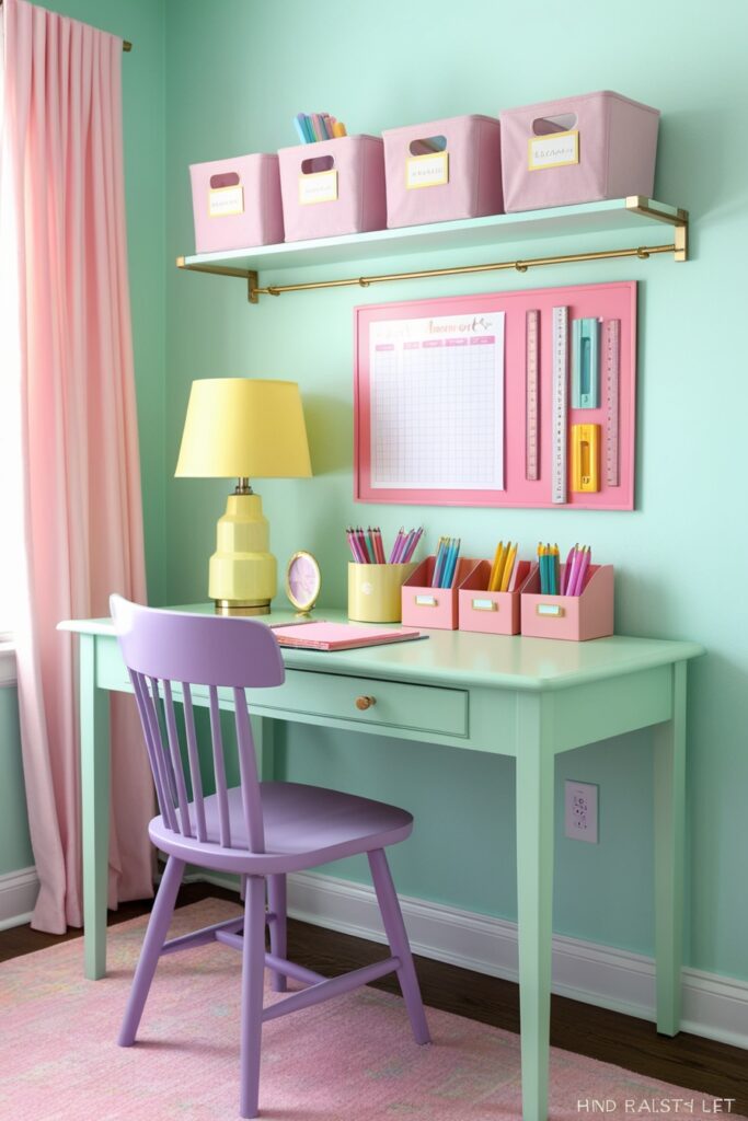 homework corner with a mint desk, lavender chair, and butter yellow lamp