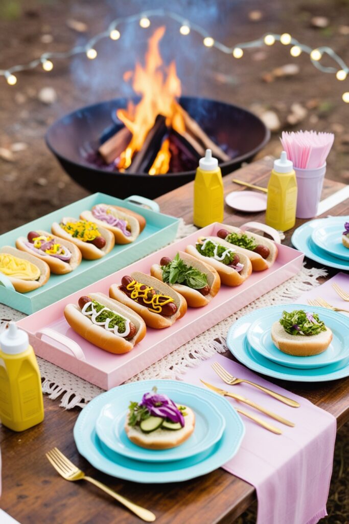 hot dog station by a bonfire, featuring pastel pink and mint green trays of toppings