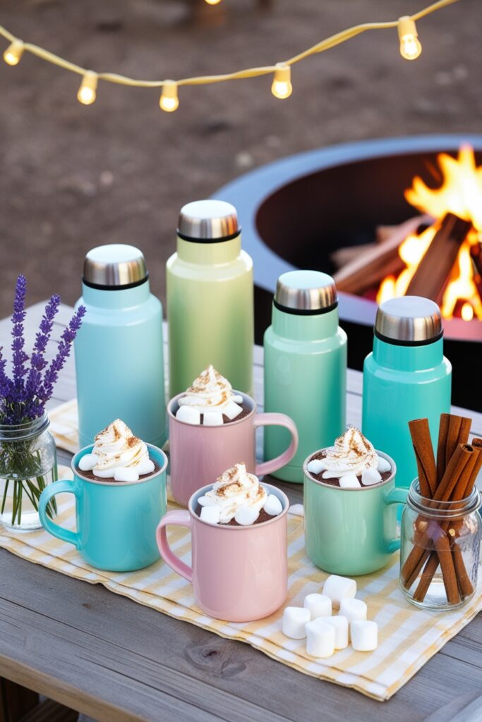 hot drink station set up beside a bonfire, with baby blue and mint green thermoses