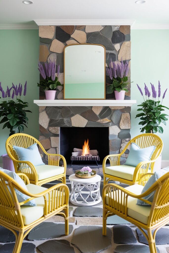 indoor fireplace surrounded by natural slate and river stones with pastel mint green walls