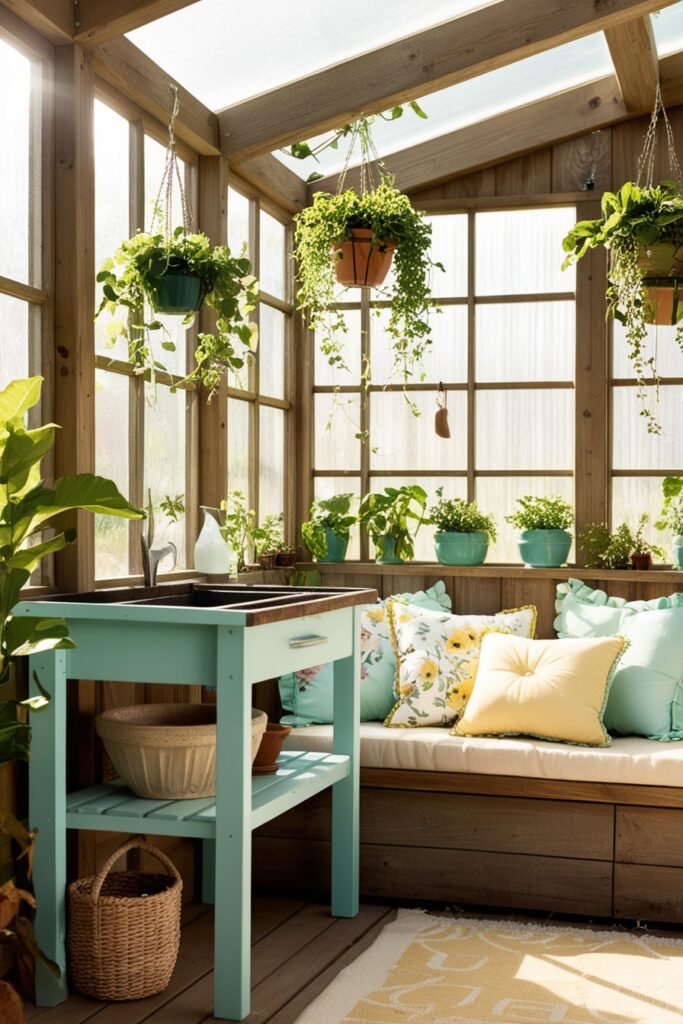 indoor garden-themed she shed with hanging plants, a pastel blue potting bench, sunlight streaming through glass panels