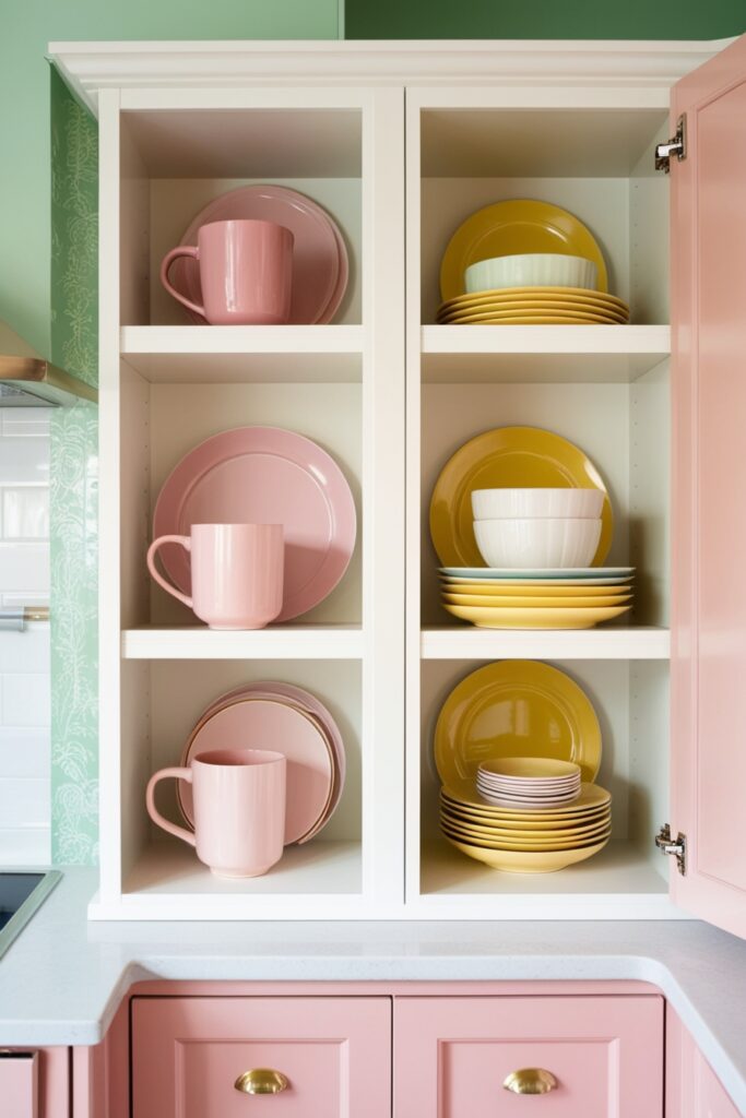 kitchen cabinet with white shelf risers doubling the space for blush pink mugs and butter yellow plates
