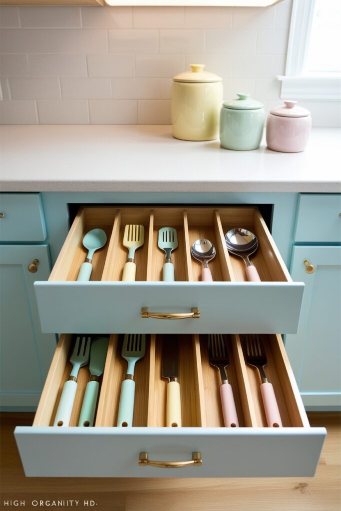 kitchen drawer with bamboo dividers neatly organizing utensils