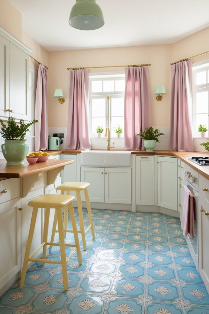 kitchen with Mediterranean-inspired pastel blue patterned floor tiles (2)
