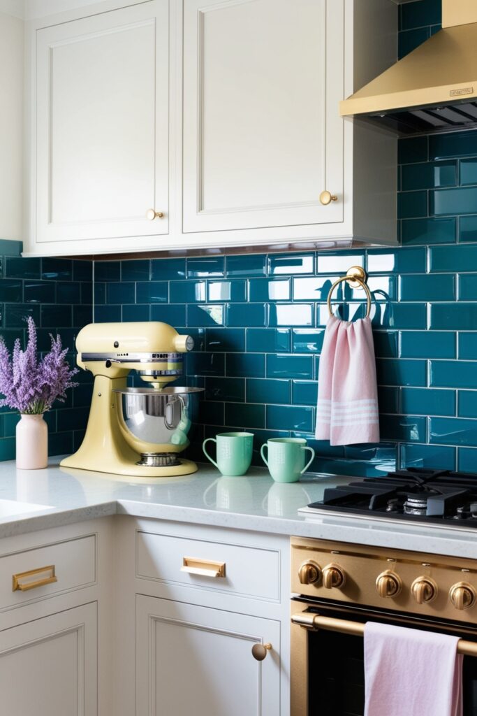 kitchen with glossy cerulean blue subway tiles for the backsplash, paired with white cabinets and gold hardware