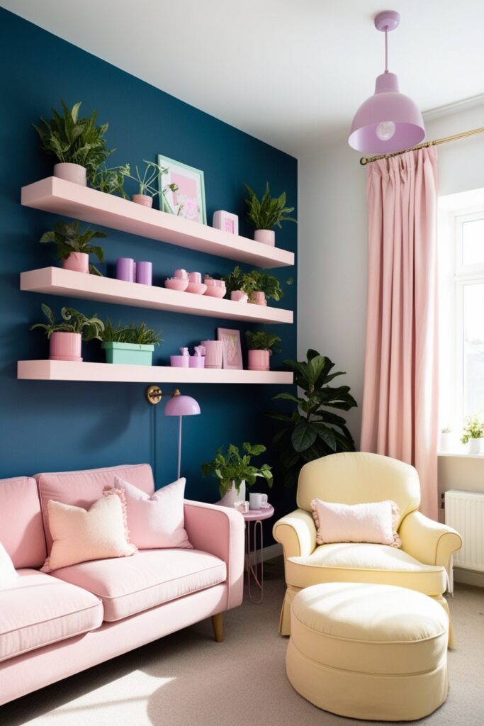 living room combining multiple ideas—navy pastel accent wall, blush pink floating shelves, mint green plants, lavender lighting