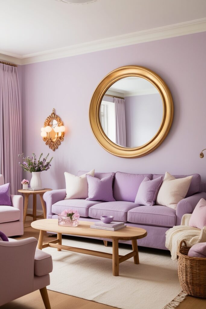living room in pastel colors with a large round gold-framed mirror on the wall