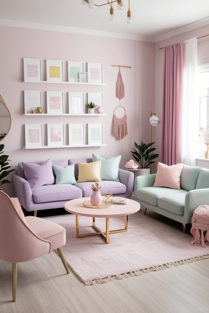living room styled in a cute girly theme, featuring a pastel-toned gallery wall with art prints and floating shelves, soft furniture in lavender