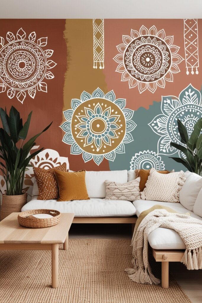 living room wall featuring a hand-painted mural with tribal and mandala patterns in earthy boho tone