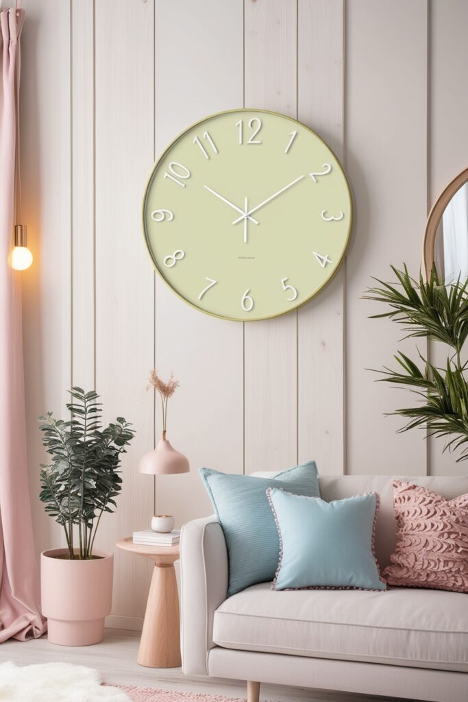 living room wall featuring a large pastel statement clock in butter yellow