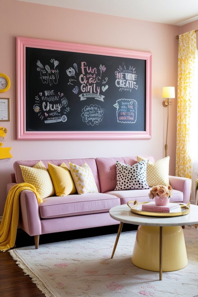 living room with a pastel pink framed chalkboard wall, decorated with cute hand-drawn doodles and motivational quotes