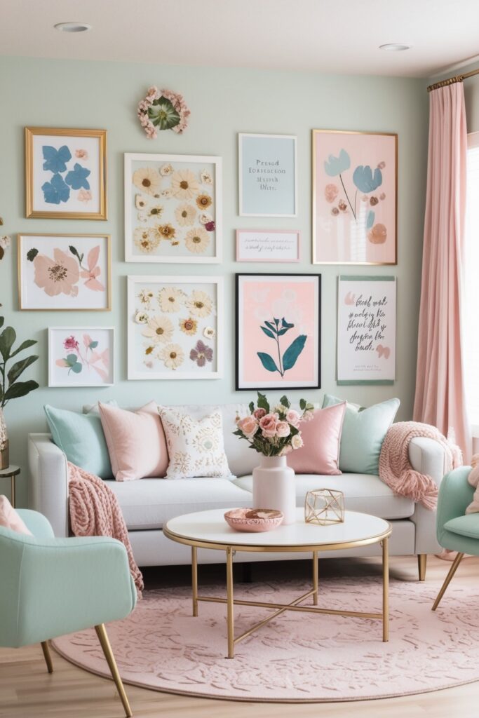 living room with a pastel-themed gallery wall, featuring gold and white frames, soft abstract art