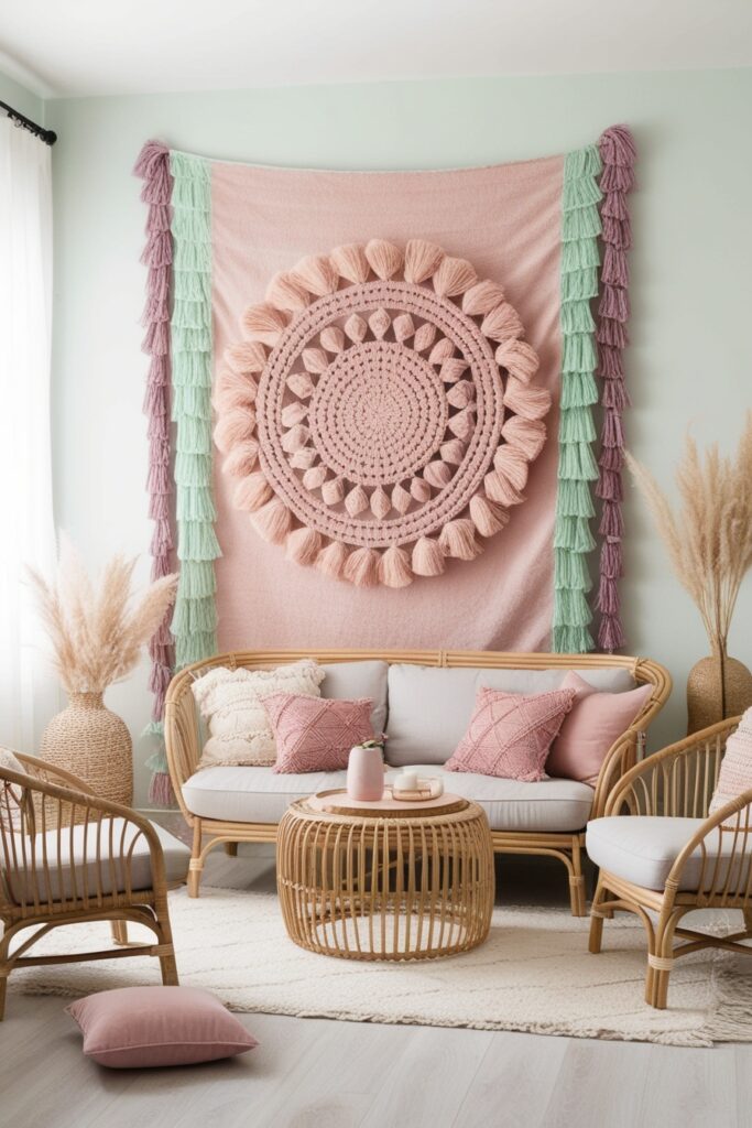 living room with a soft pastel woven tapestry on the wal