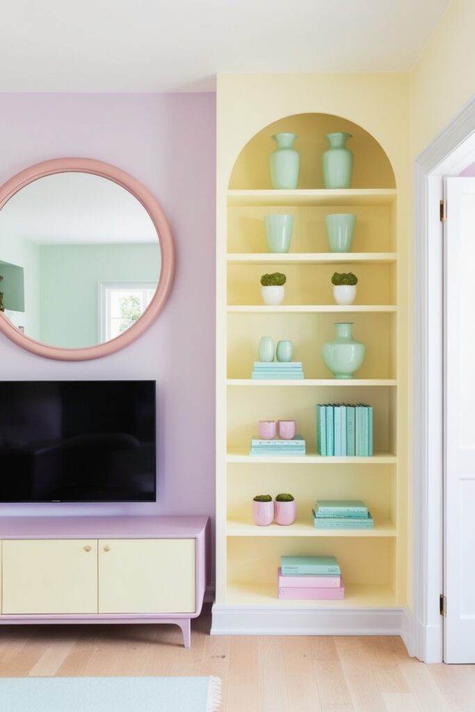 living room with a wall-mounted TV and a large round blush pink-framed mirror beside it