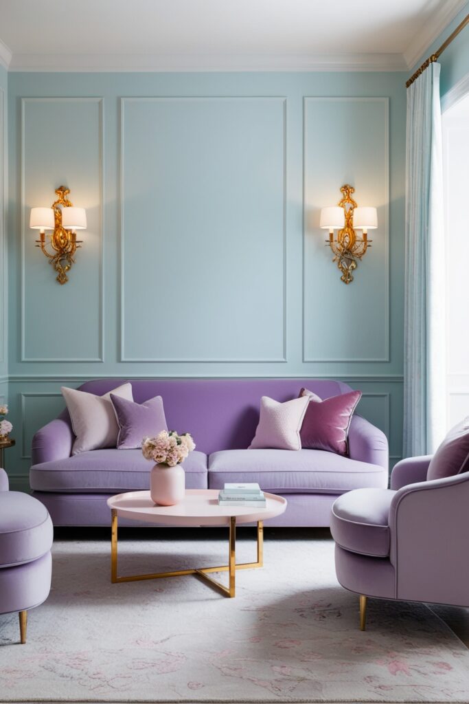 living room with elegant gold wall sconces, soft glow lighting