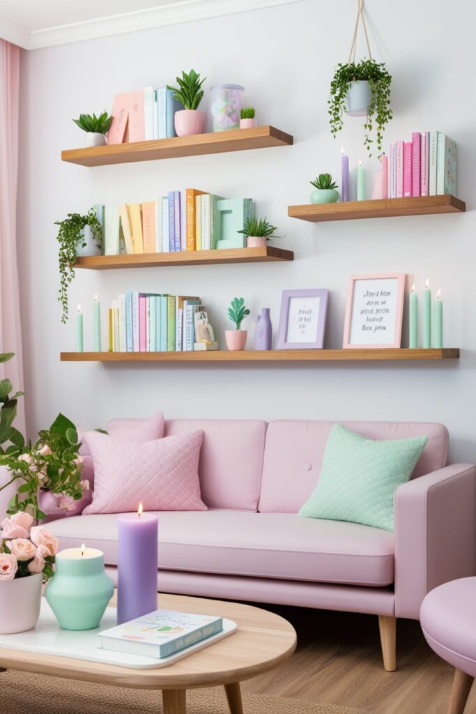 living room with floating white and wooden wall shelves, decorated with pastel-colored books