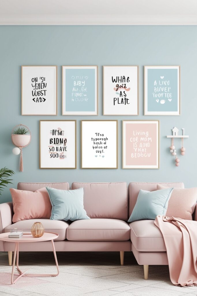 living room with framed typography prints on the wall, cute quotes in playful font