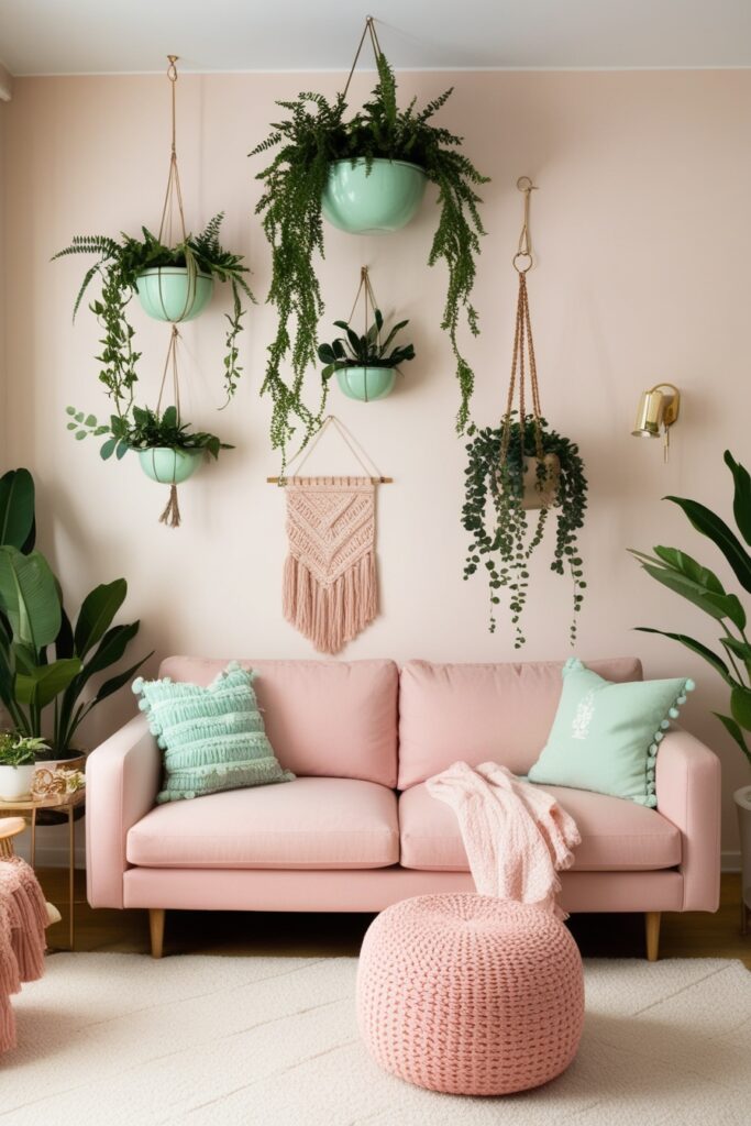 living room with mounted greenery and hanging plants, mint green pots