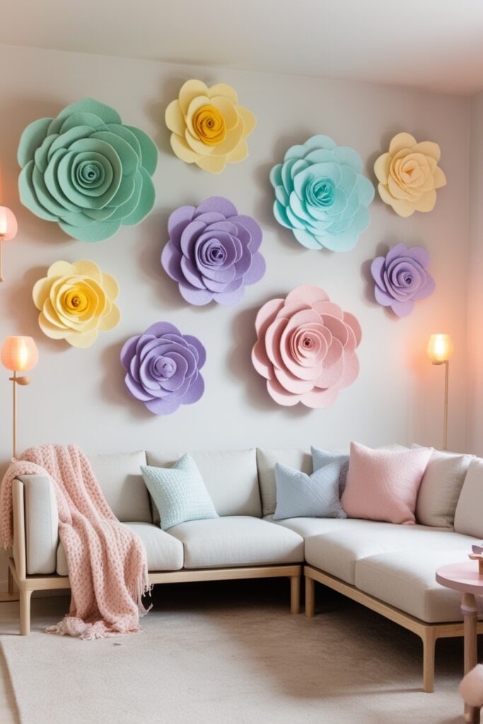 living room with pastel 3D wall flowers made of felt and fabric