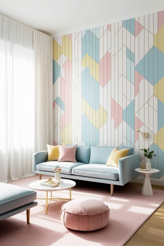 living room with pastel geometric peel-and-stick wallpaper