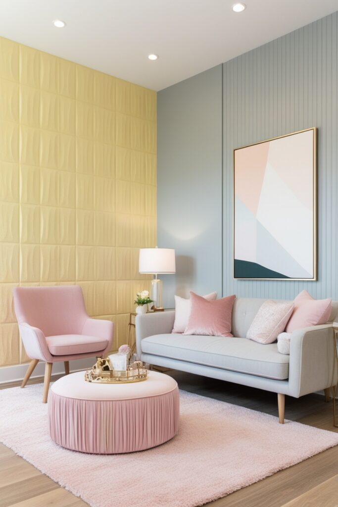 living room with pastel-painted 3D textured wall panels