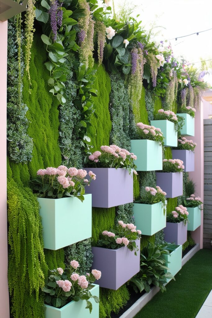 lush living retaining wall covered with cascading greenery and pastel blooms