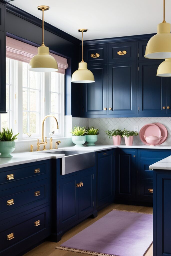luxurious kitchen with deep midnight blue cabinets and matching walls