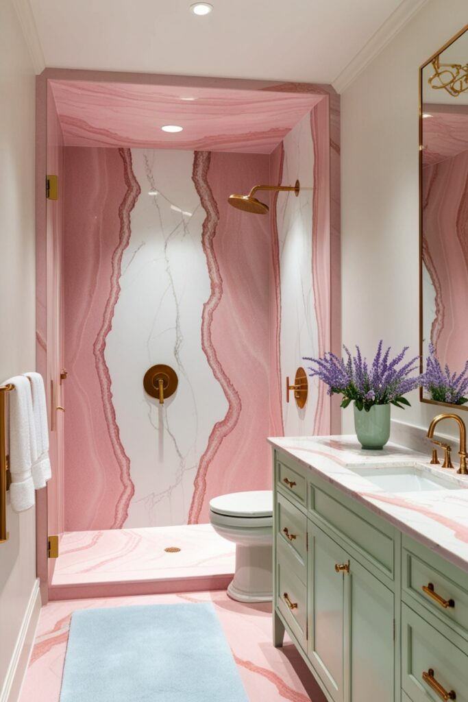 luxurious open-concept bathroom with a pastel pink and white marble walk-in shower