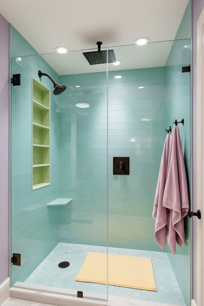 luxurious pastel walk-in shower with frameless glass, baby blue tile walls