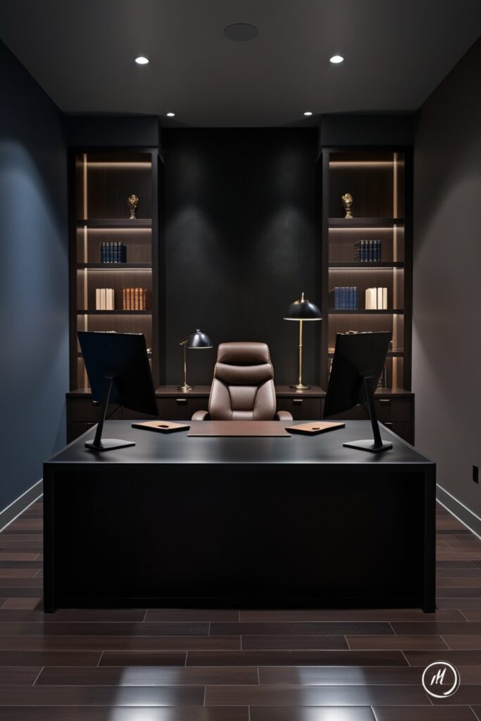 masculine executive man cave designed as a sleek personal office retreat