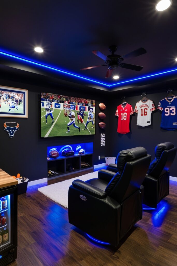 masculine sports man cave with dark walls, large flat-screen TV showing a football game