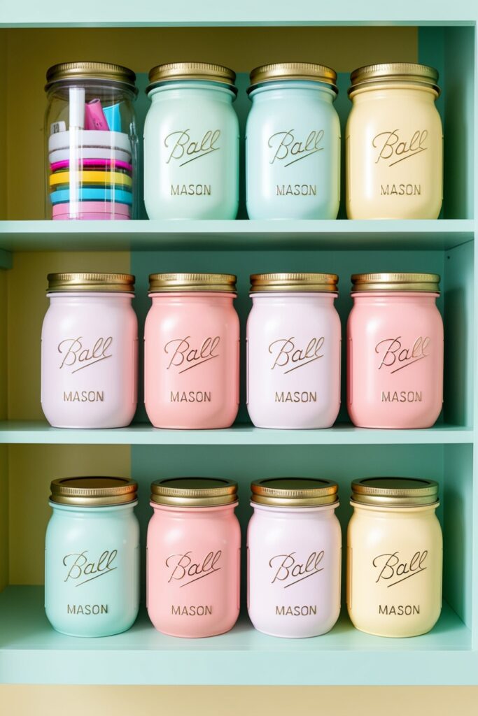 mason jars with gold lids neatly arranged on a mint green open shelf,