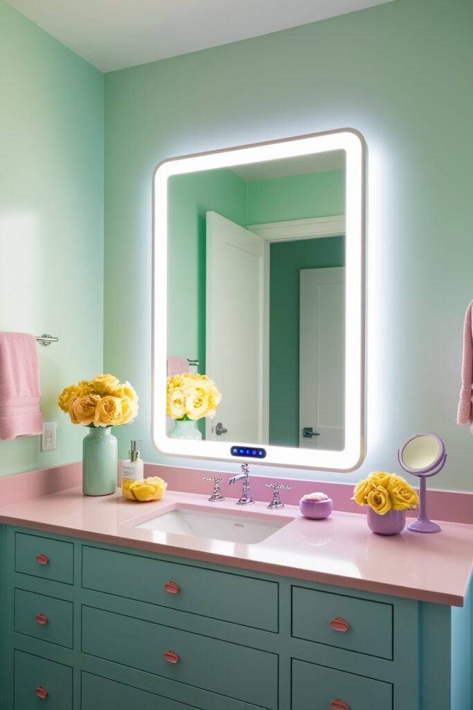 master bath with a sleek smart mirror glowing with LED lighting