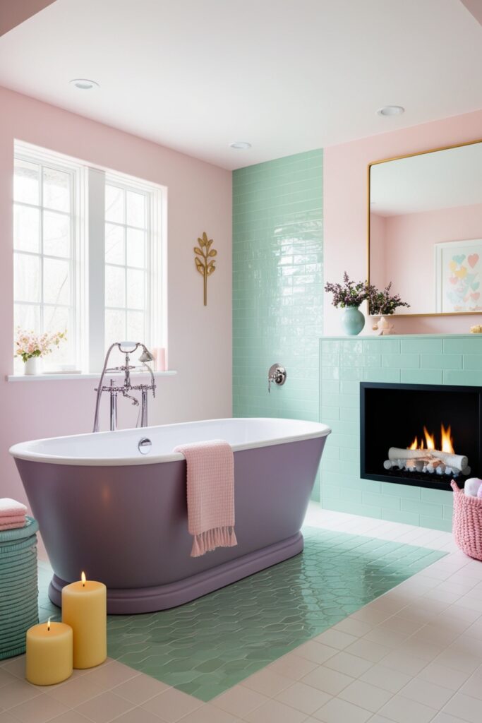 master bathroom with a pastel color palette—lavender freestanding tub facing a modern fireplac