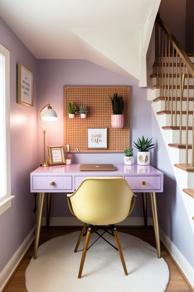 mini home office tucked under a staircase, pastel lavender desk with gold accents