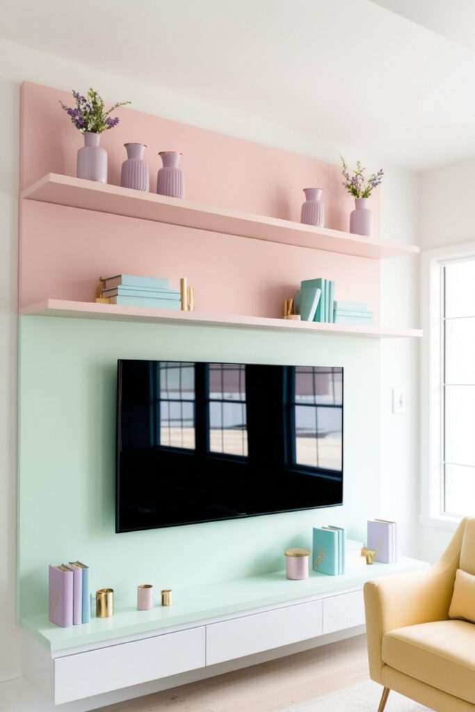 minimalist TV wall framed by pastel floating shelves