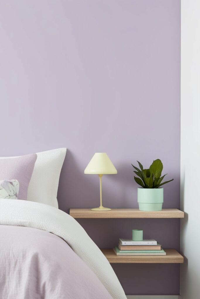 minimalist bedroom with pastel lavender walls, a wooden floating shelf used as a nightstand