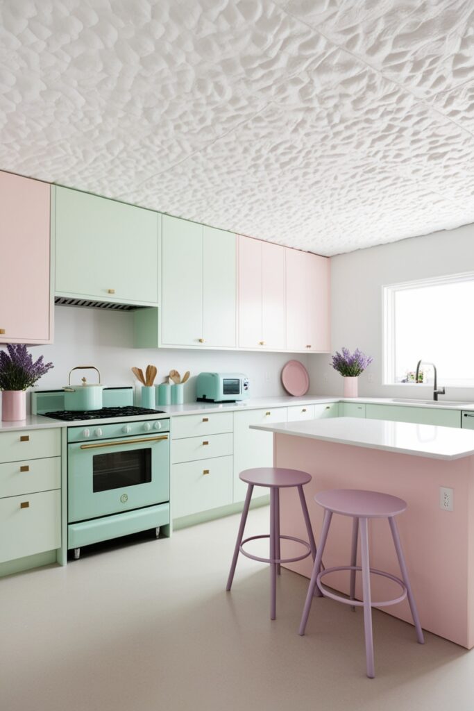 minimalist kitchen with a textured white ceiling, paired with pastel accents—mint appliances