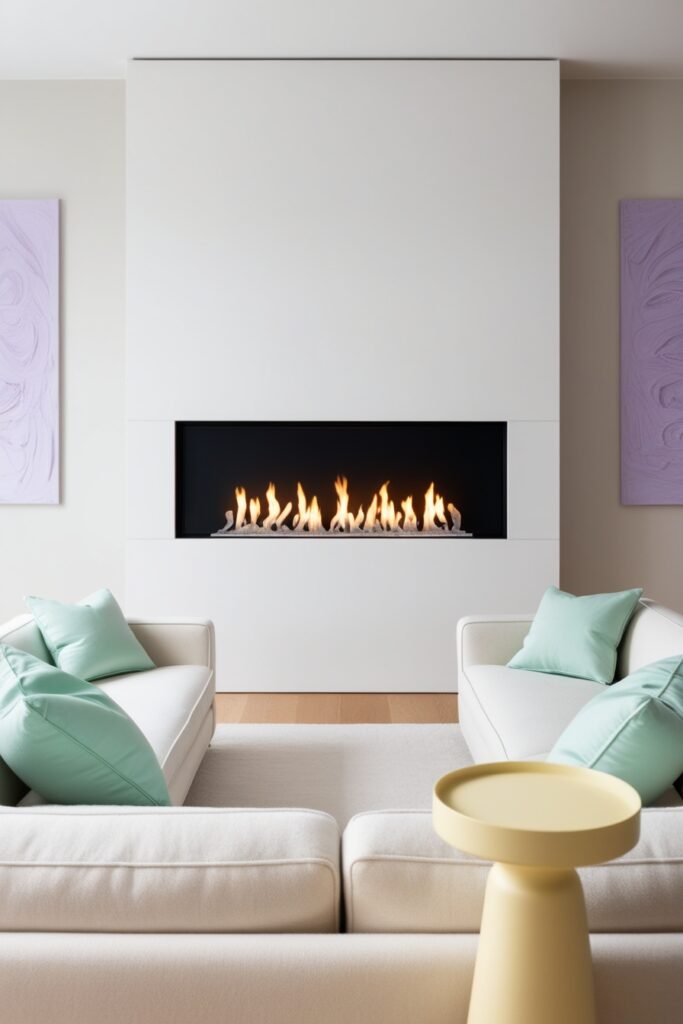 minimalist living room featuring a sleek linear fireplace built into a smooth white wall